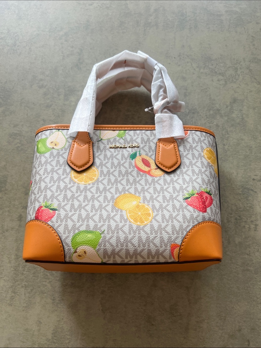 Michael Kors White Monogram Mini Satchel with Fruit Print and Orange Trim